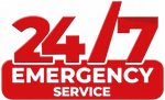 Red 24/7 emergency service logo with bold white text on a red background