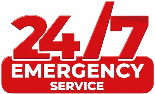 Red 24/7 emergency service logo with bold white text on a red background