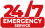 Red 24/7 emergency service logo with bold white text on a red background