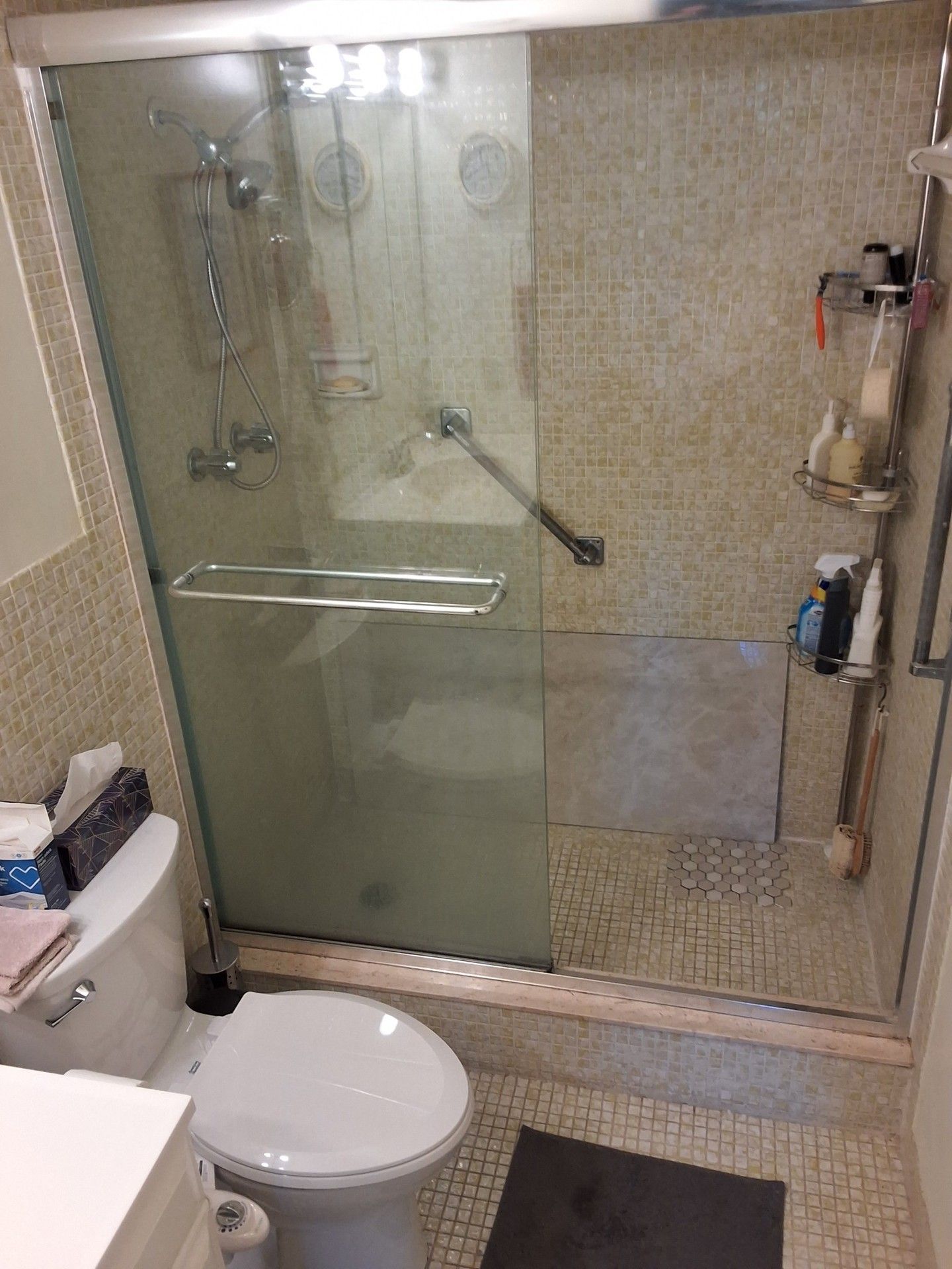 Small bathroom with walk-in glass shower, toilet, and vanity in view