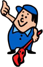 Cartoon handyman in blue uniform, smiling and giving a thumbs-up with a red toolbox.