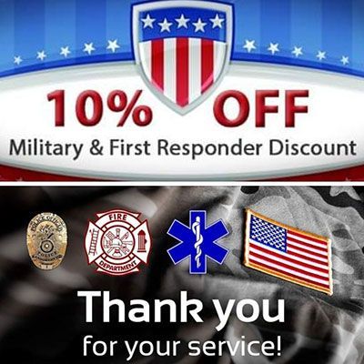 10% off military and first responder discount with service emblems and “Thank you for your service” banner