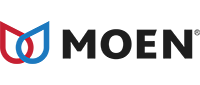 Moen logo with red and blue emblem and black wordmark