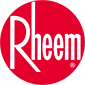 Rheem logo: white script on a red circular background
