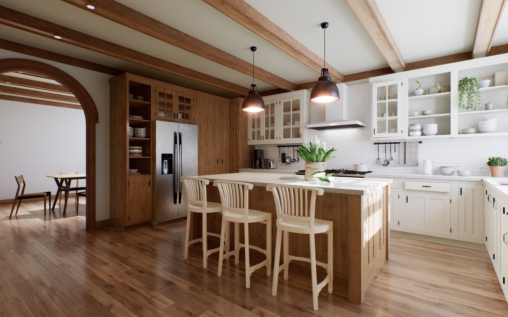 Bright modern kitchen with white cabinets, wooden island, bar stools, and warm wood beams