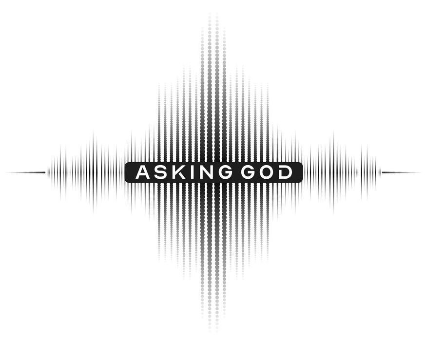 A black and white logo for asking god with a sound wave in the middle.