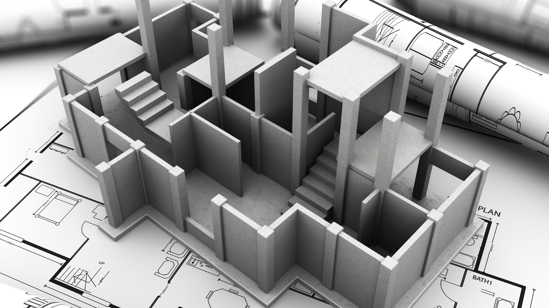 A 3d model of a house is on top of a blueprint