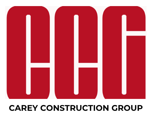 The logo for the carey construction group is red and white.