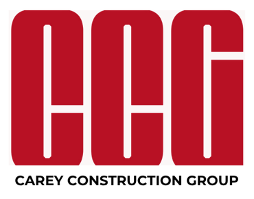 The logo for the carey construction group is red and white.