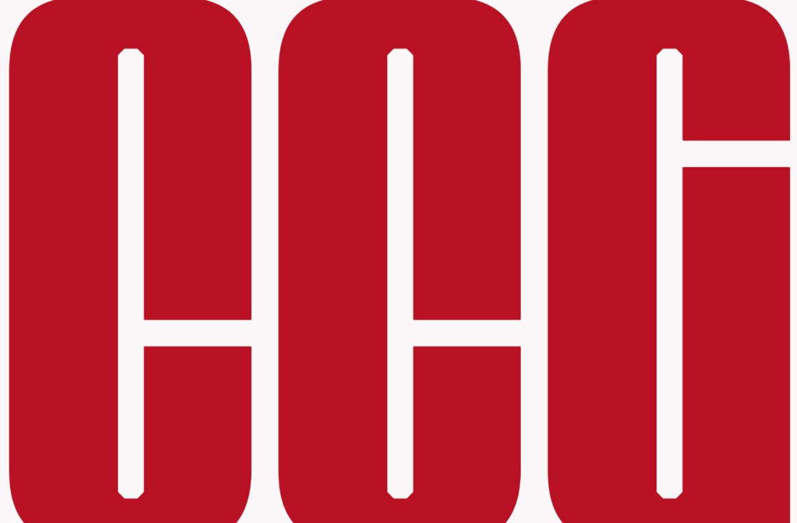 A red logo with white lines on a white background.