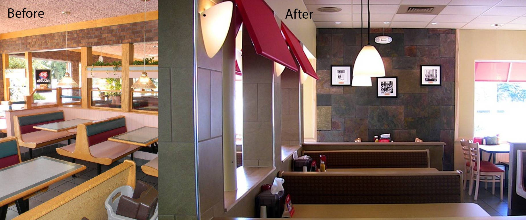 A before and after photo of a restaurant with tables and chairs