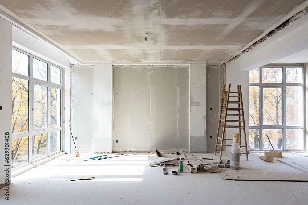 Interior of a room under construction, with unfinished walls, windows, and ladder.