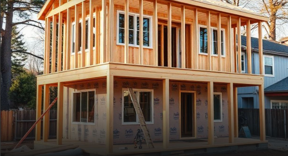 Two-story wooden house frame under construction, with windows and open spaces; setting is outdoors.