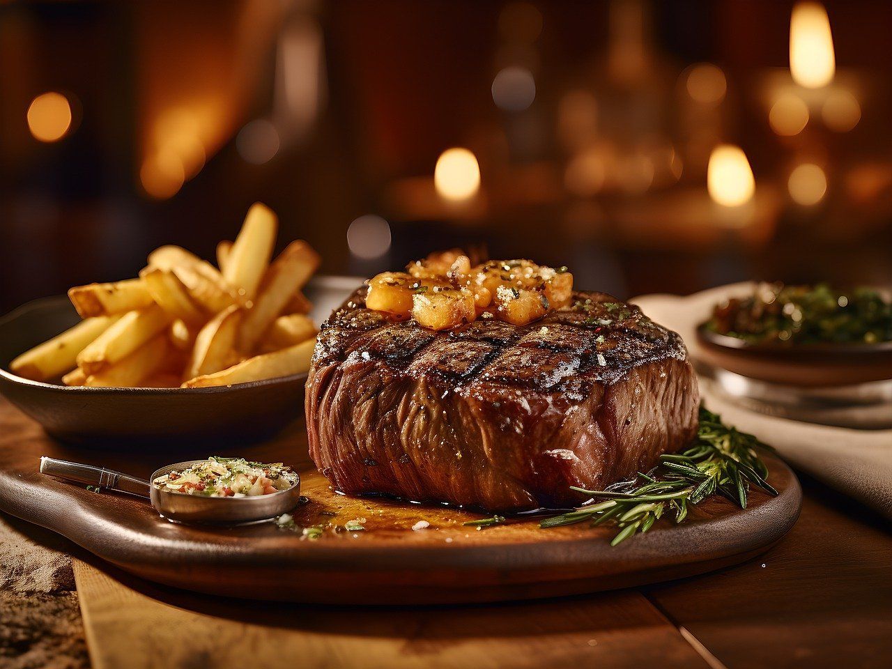 A steak and french fries on a wooden cutting board on a table.