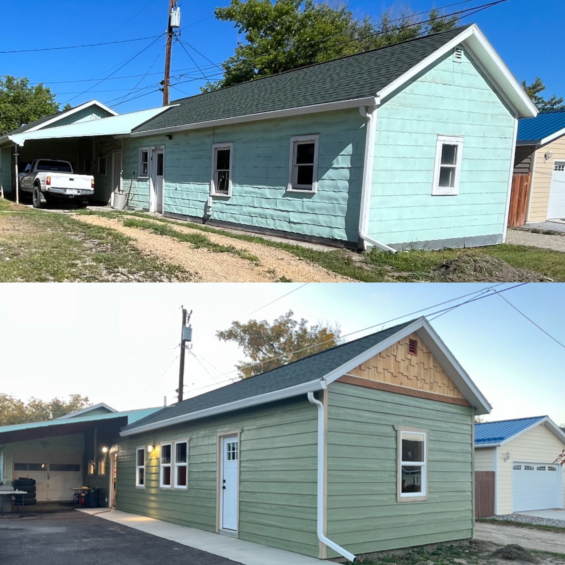 Before and after photos of a small house exterior, showing an upgrade from light blue textured siding to sage green siding.