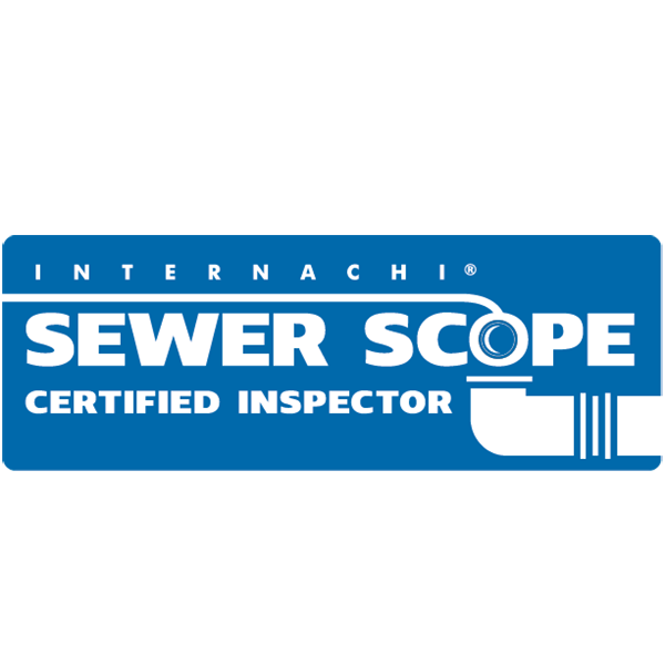 Blue and white Sewer Scope Certified Inspector badge with pipe graphic.