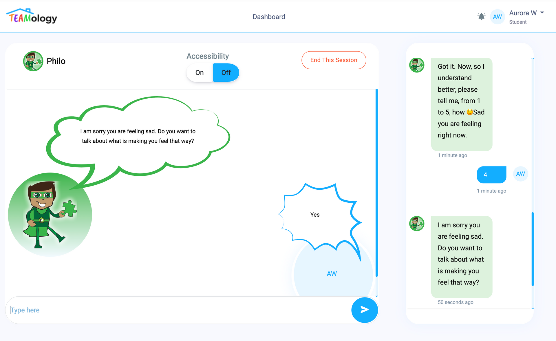 A screenshot of a chat app with a cartoon character and a speech bubble.