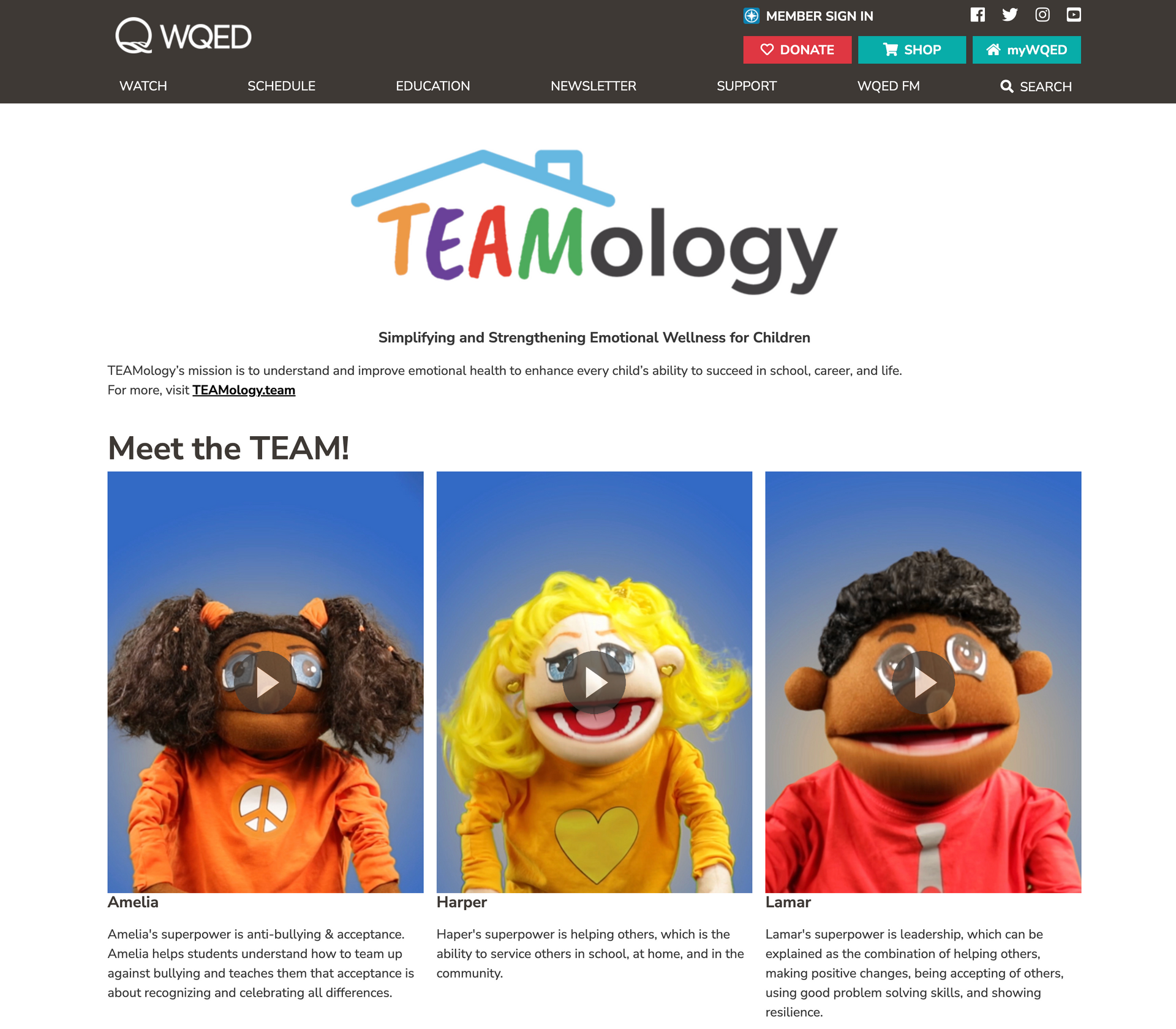 A screenshot of a website with three puppet characters on it.