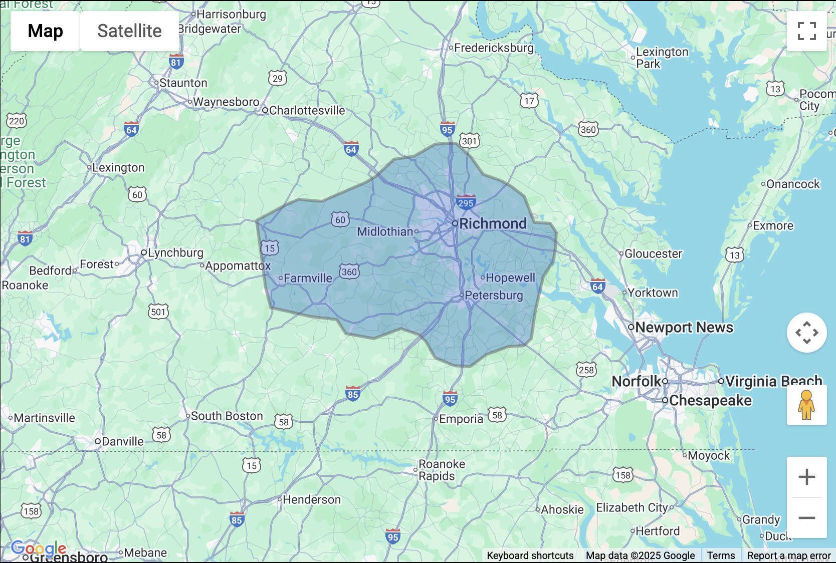 Map of the Richmond, Virginia, area, highlighted in blue, showing surrounding cities and highways.