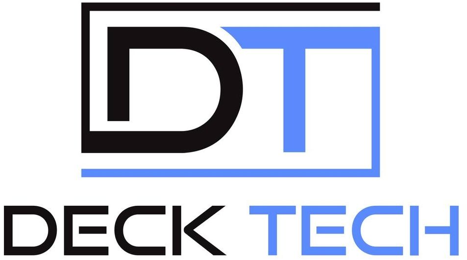 Logo of "DT" stacked letters, black and blue, inside a box, "DECK TECH" below.