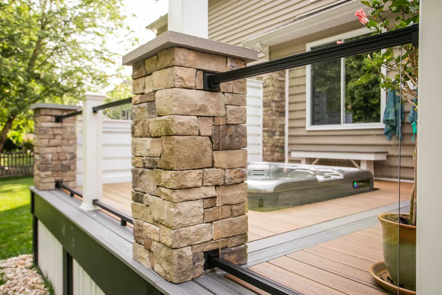 Stone columns and deck railing on a wooden deck, with a hot tub and a house in the background.