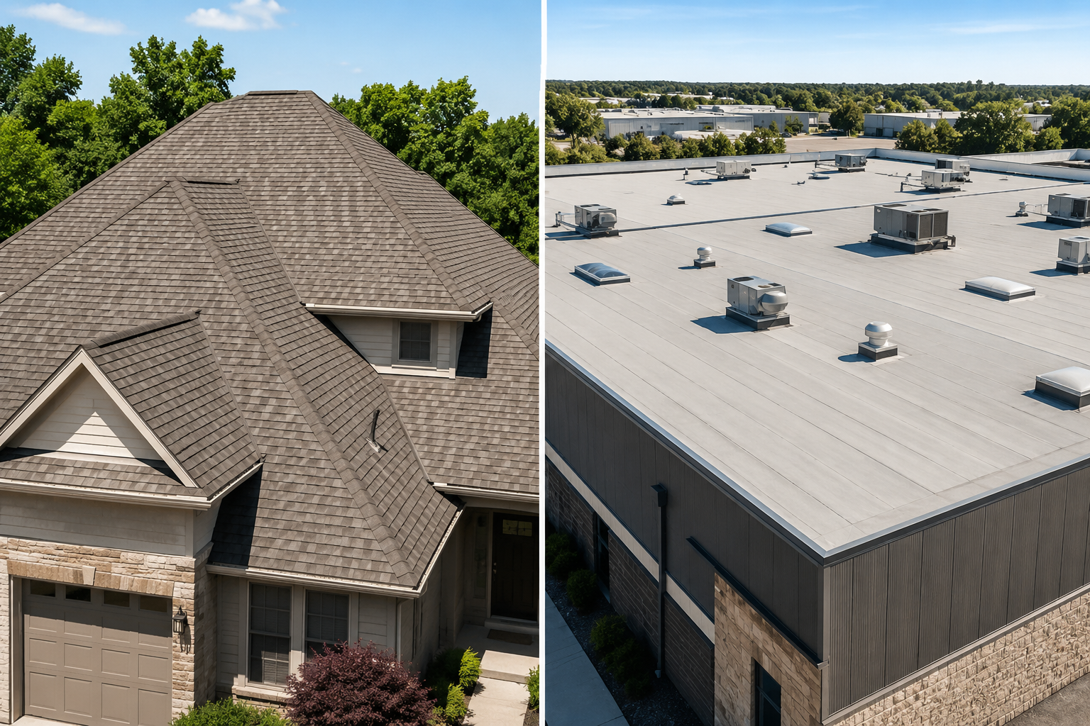 Side-by-side roofs: gray shingle house and white flat commercial roof with vents.