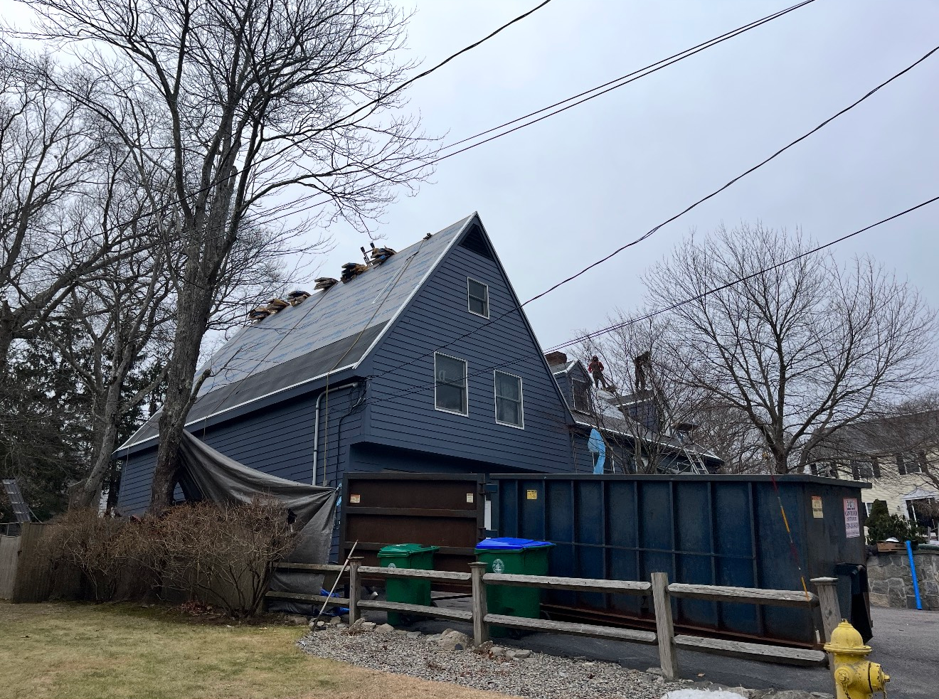Blue house with a dark roof, near a dumpster, cloudy sky.