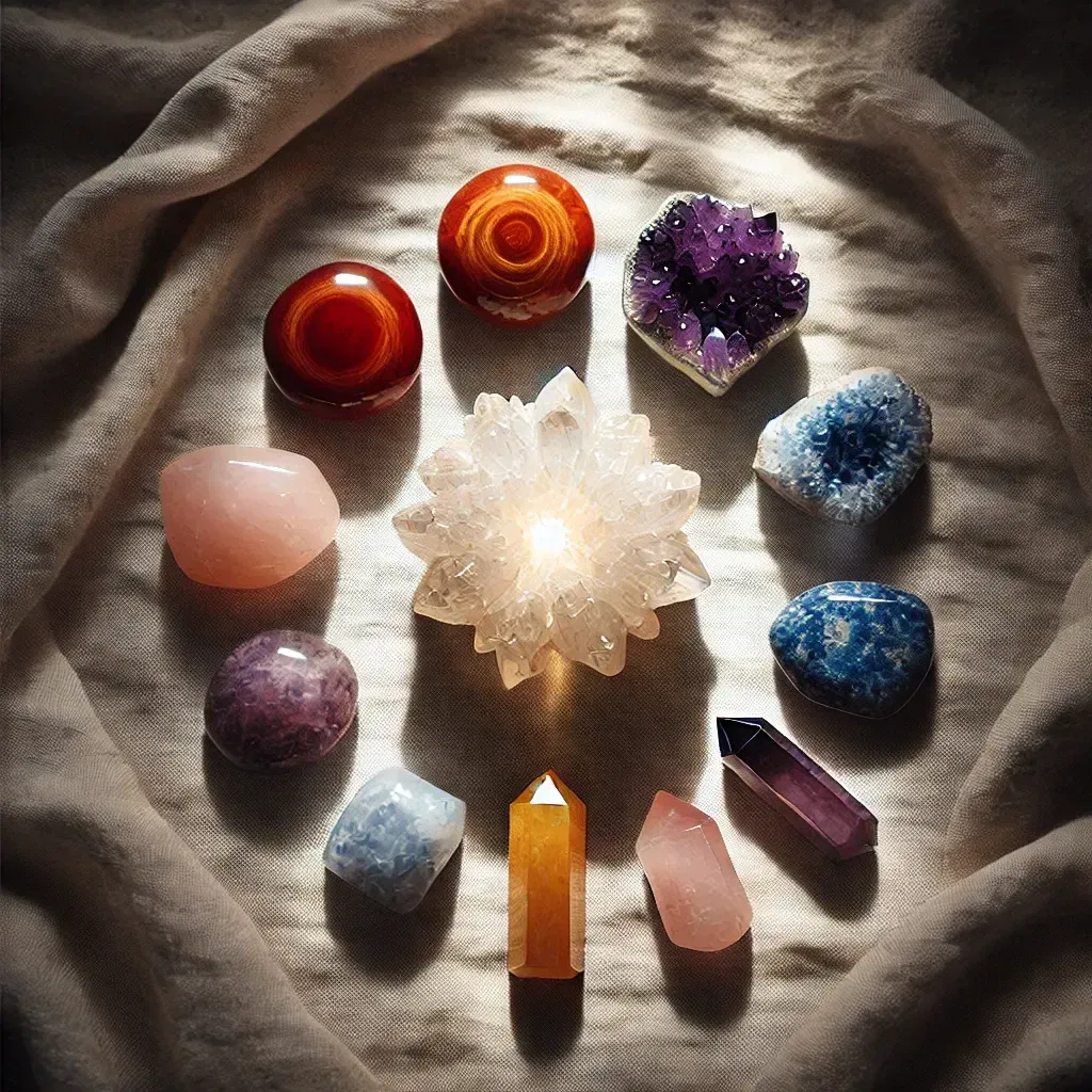 A radiant, high-quality flat lay featuring:
A circle of polished crystals aligned to 