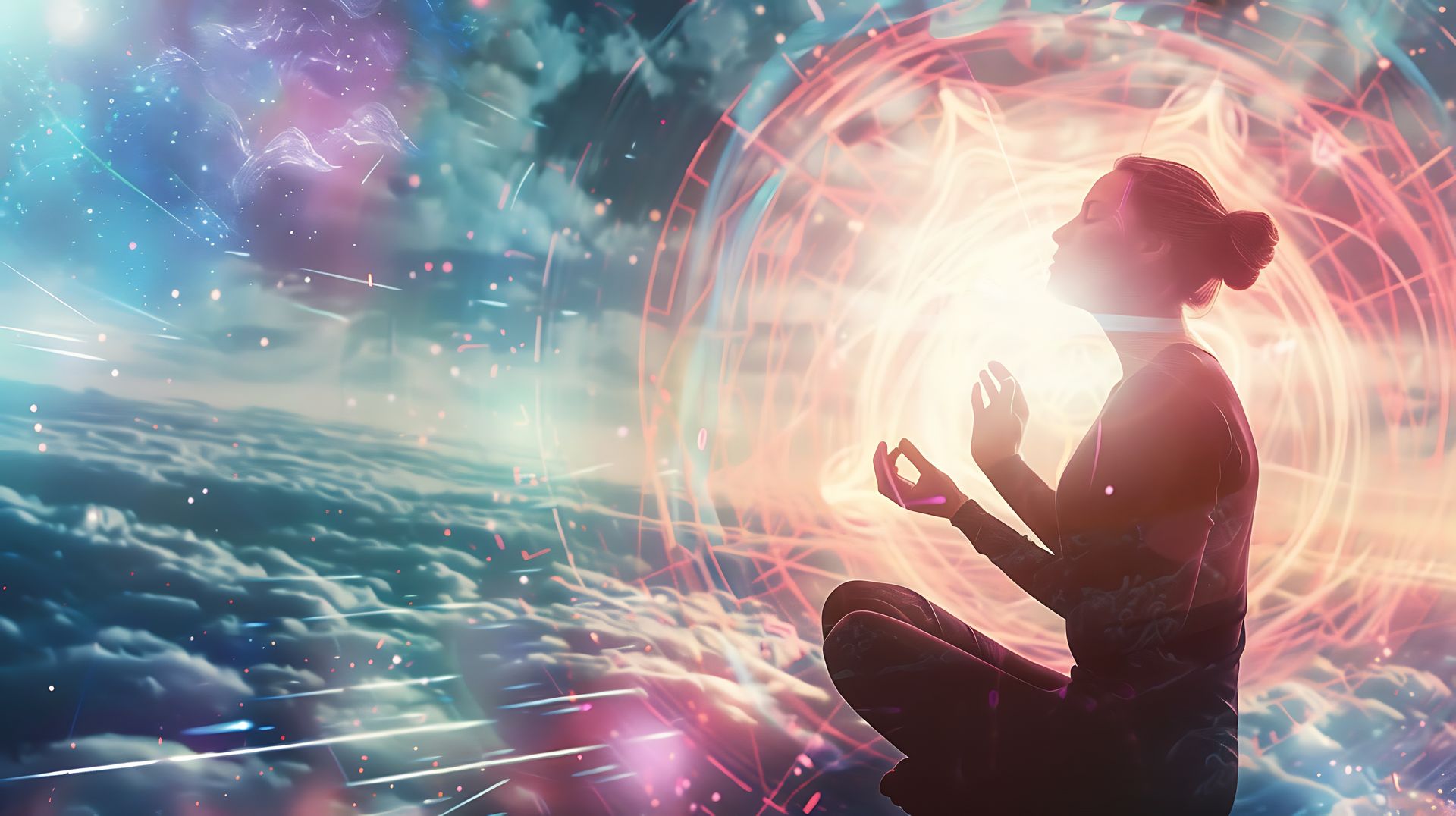 Silhouette of a person meditating with glowing energy field, floating above clouds in space.