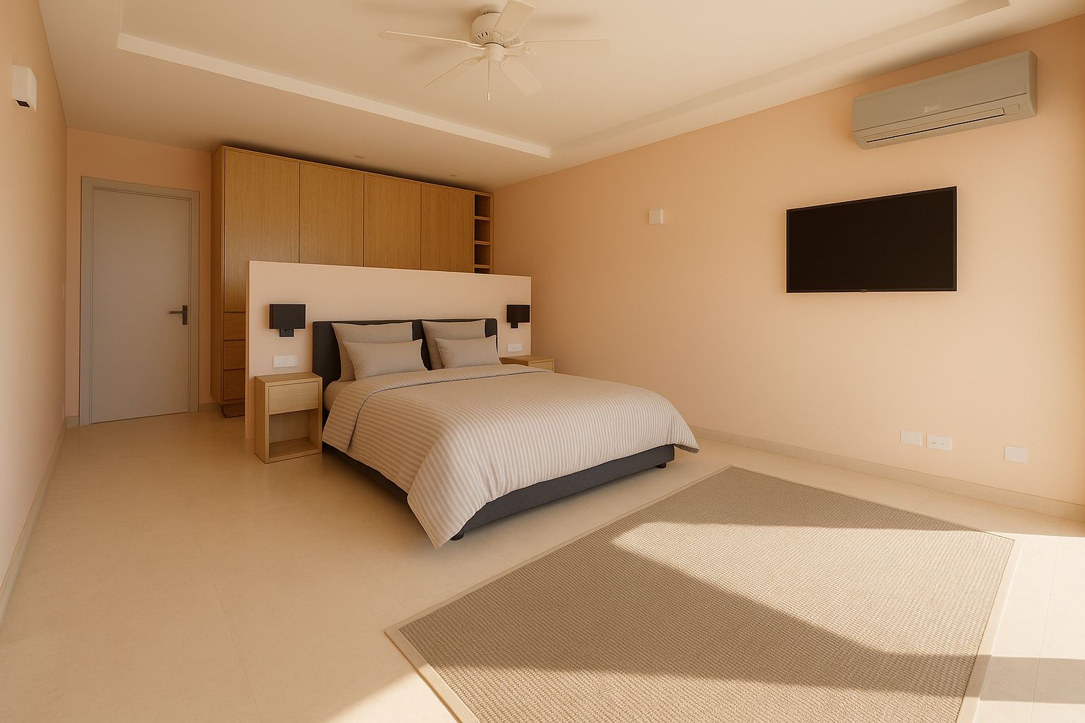Bedroom with bed, closet, TV, and rug. Light-colored walls and carpet.