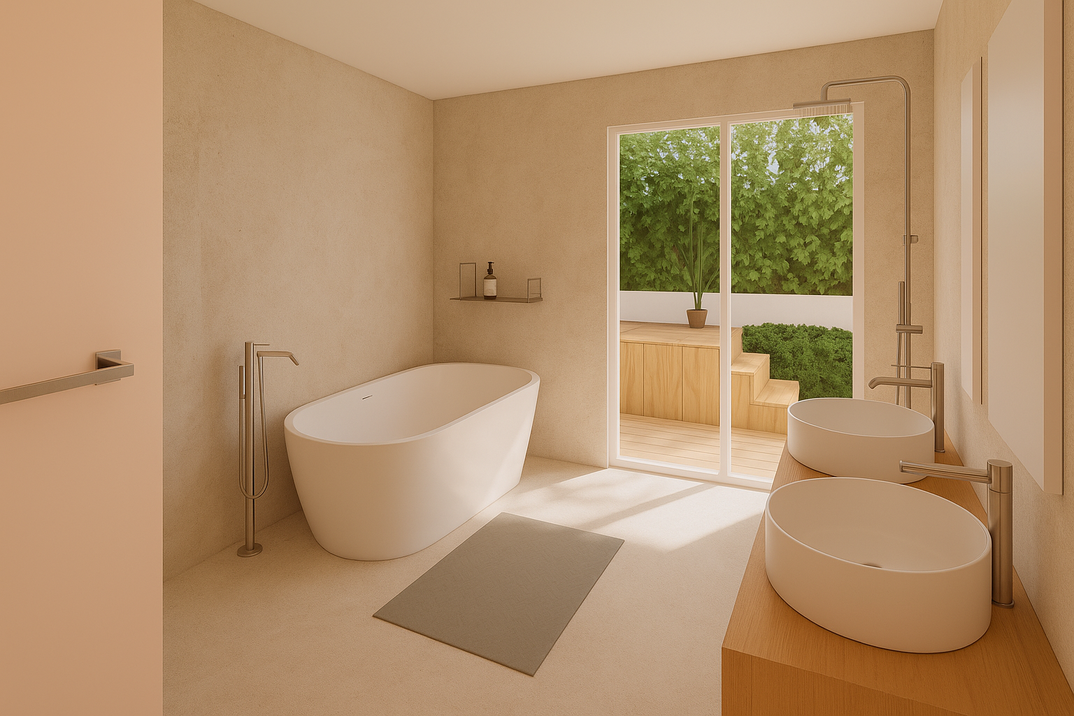 Modern bathroom with a bathtub, two sinks, and a sliding glass door leading to a patio.