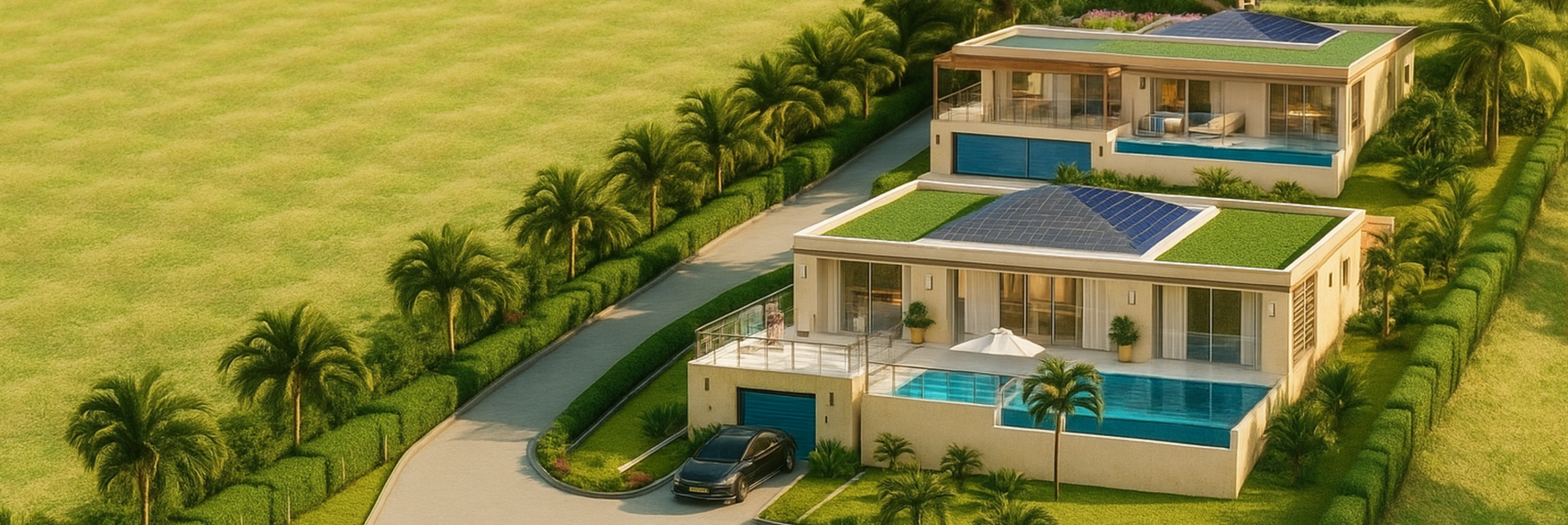 Two-story modern villas with rooftop gardens, swimming pools, and palm trees, on a grassy plot.