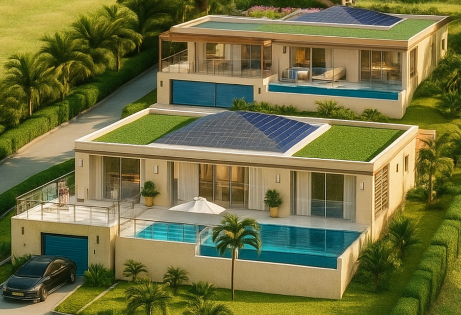 Two-story modern villas with rooftop gardens, swimming pools, and palm trees, on a grassy plot.