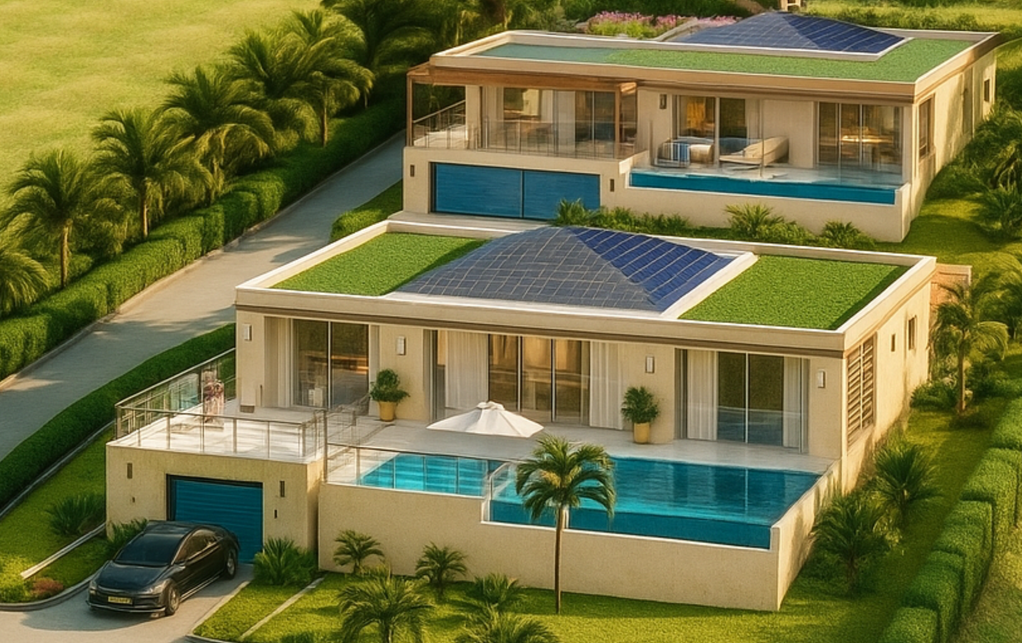 Two-story modern villas with rooftop gardens, swimming pools, and palm trees, on a grassy plot.
