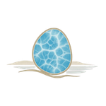 Blue water-filled egg-shaped object on a sand-colored beach.