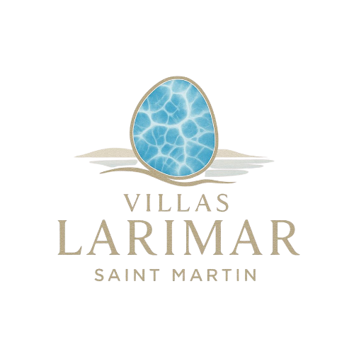 Logo for Villas Larimar Saint Martin: blue gemstone over beige landscape, text in taupe.