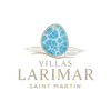 Logo for Villas Larimar Saint Martin: blue gemstone over beige landscape, text in taupe.