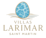 Logo for Villas Larimar Saint Martin featuring a blue stone and text.