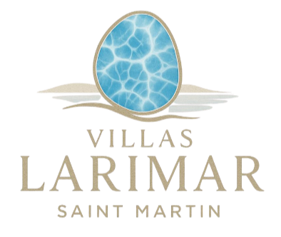 Logo for Villas Larimar Saint Martin featuring a blue stone and text.