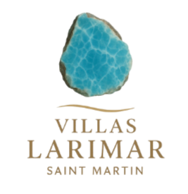 Logo for Villas Larimar Saint Martin: turquoise gemstone with a brown outline above text.