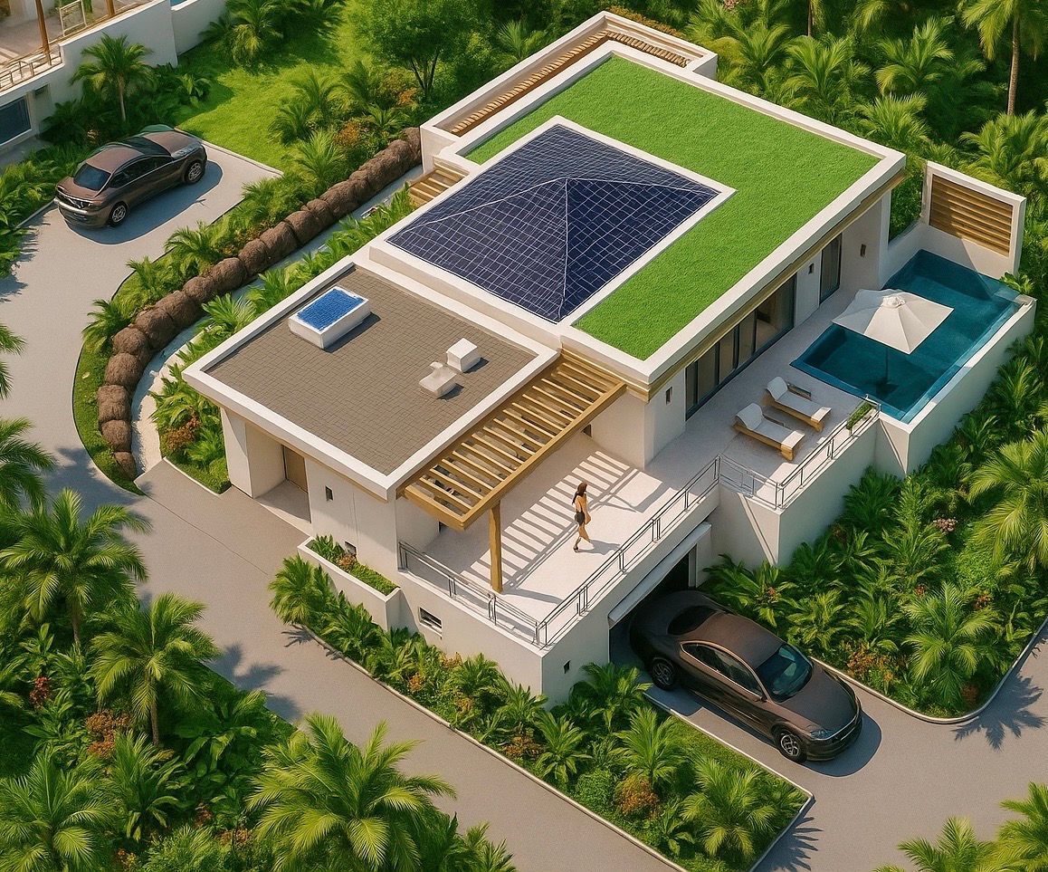 Modern white house with a green roof, pool, and car in the driveway, surrounded by tropical foliage.