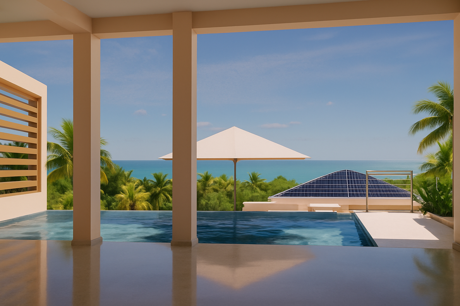 Poolside view overlooking ocean, white umbrella, palm trees, blue water, and clear sky.