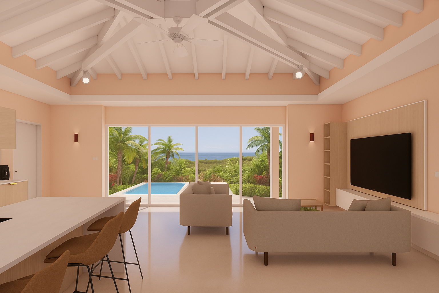 Living room with pale peach walls, vaulted ceiling, large windows overlooking a pool and ocean.