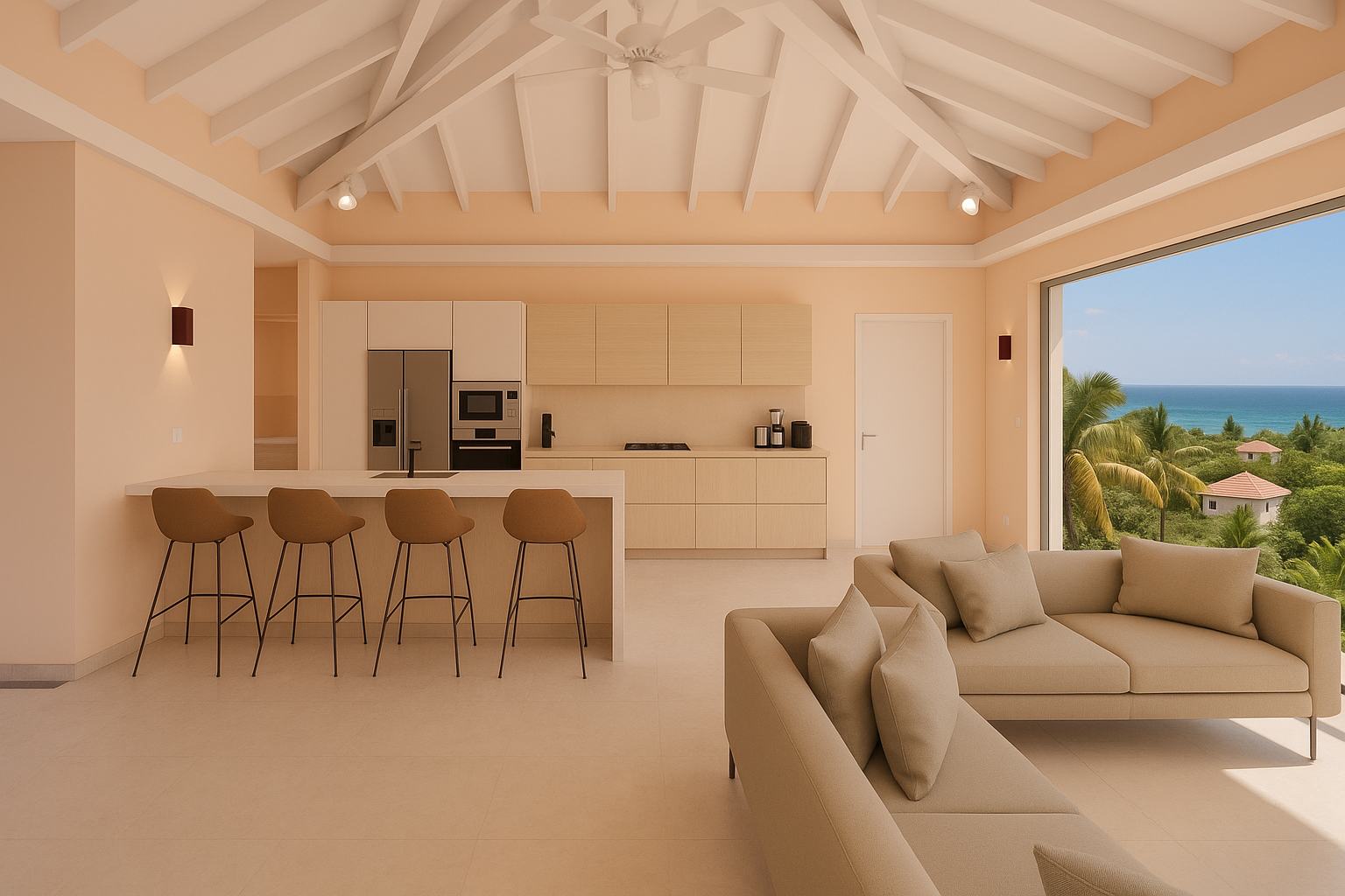 Open-concept living space with a kitchen and seating area, pale beige tones, and a view of the ocean.
