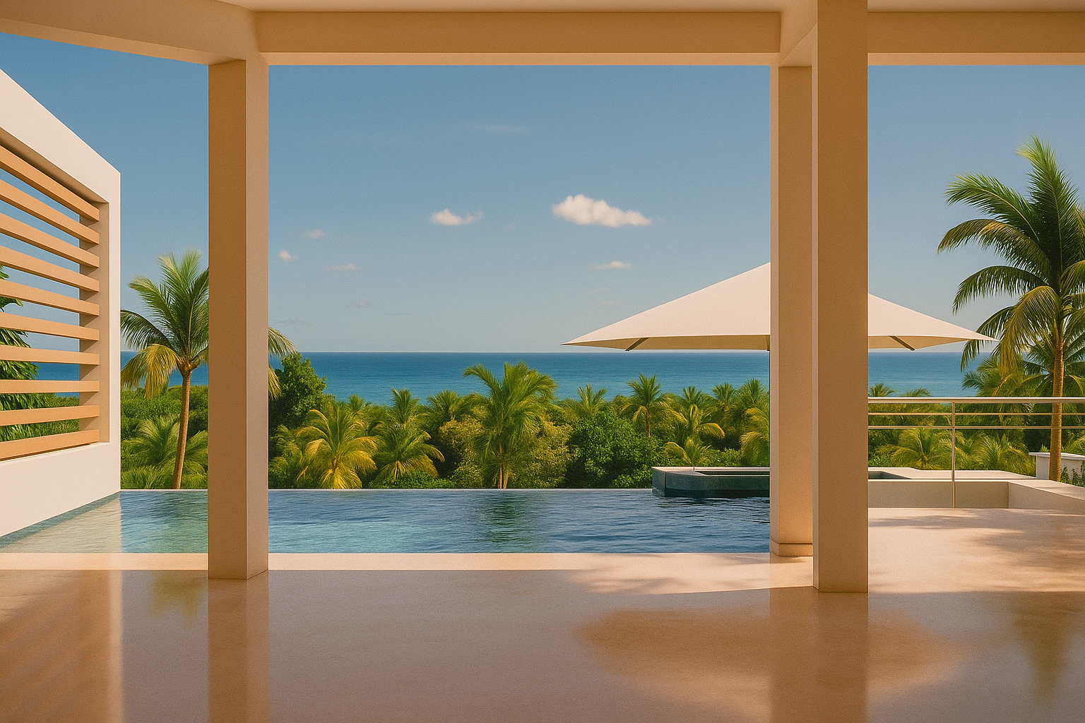 Pool overlooking ocean, framed by pillars. Trees and a beach umbrella visible. Blue sky.