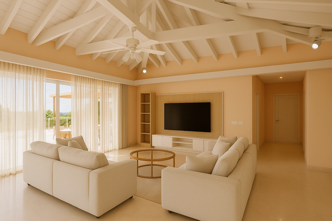 Living room with cream-colored sofas, white beams, and a large TV.
