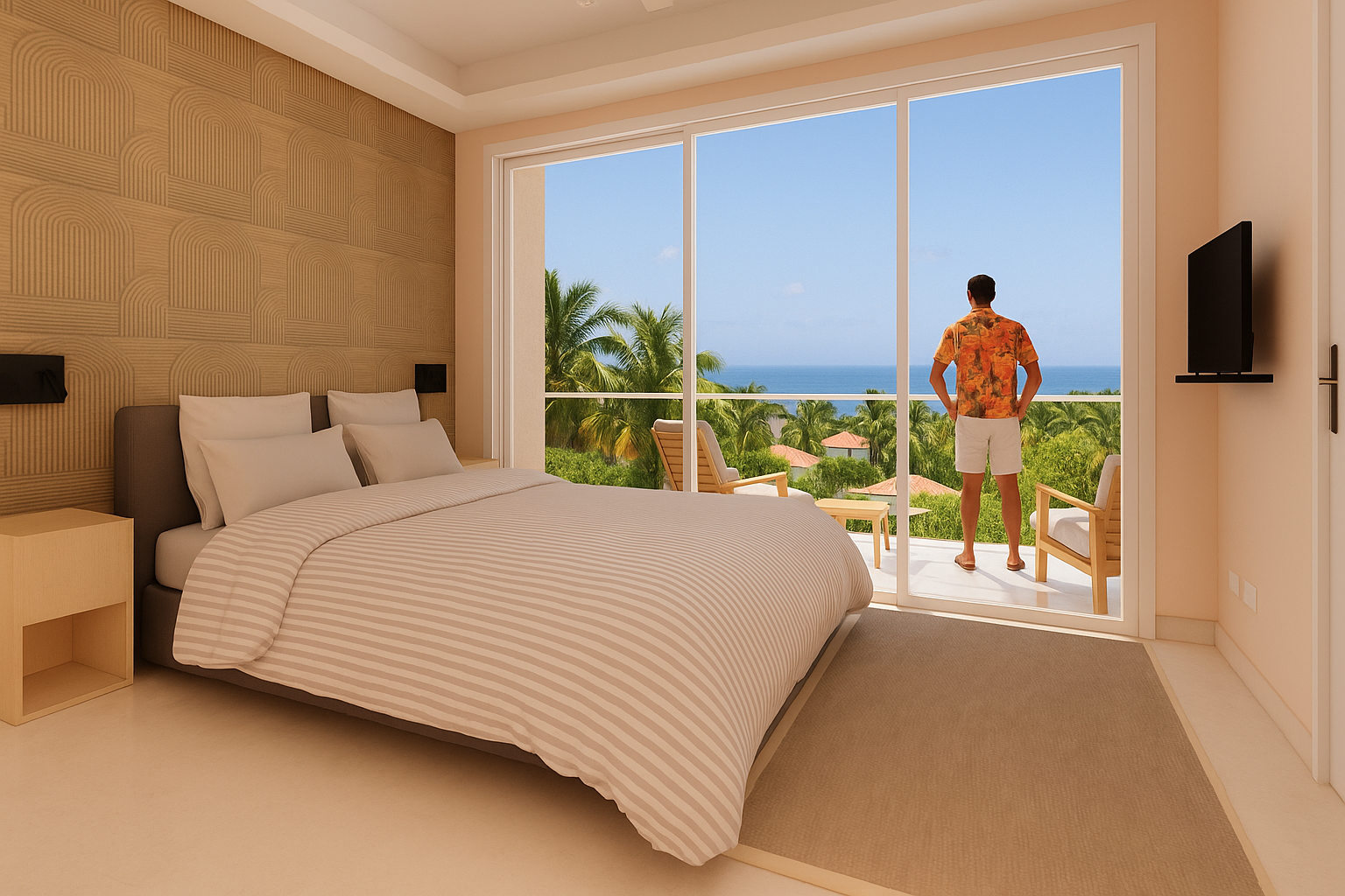 Bedroom with ocean view, person standing on balcony, bed, tan walls, and a television.
