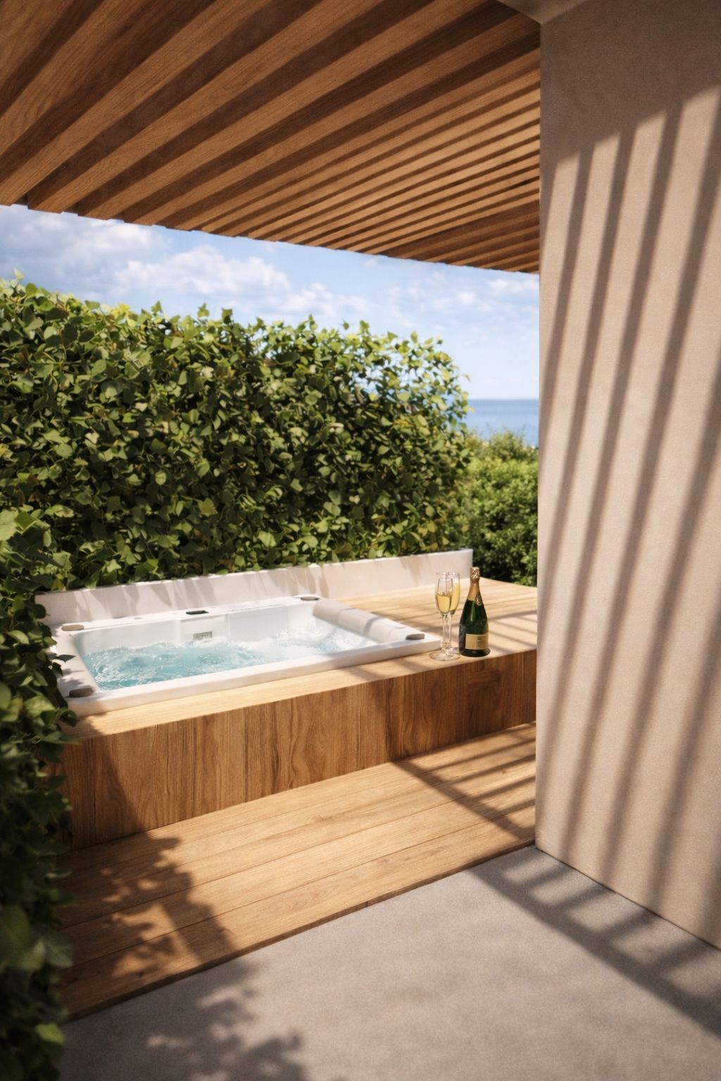 Two-story modern villas with rooftop gardens, swimming pools, and palm trees, on a grassy plot.