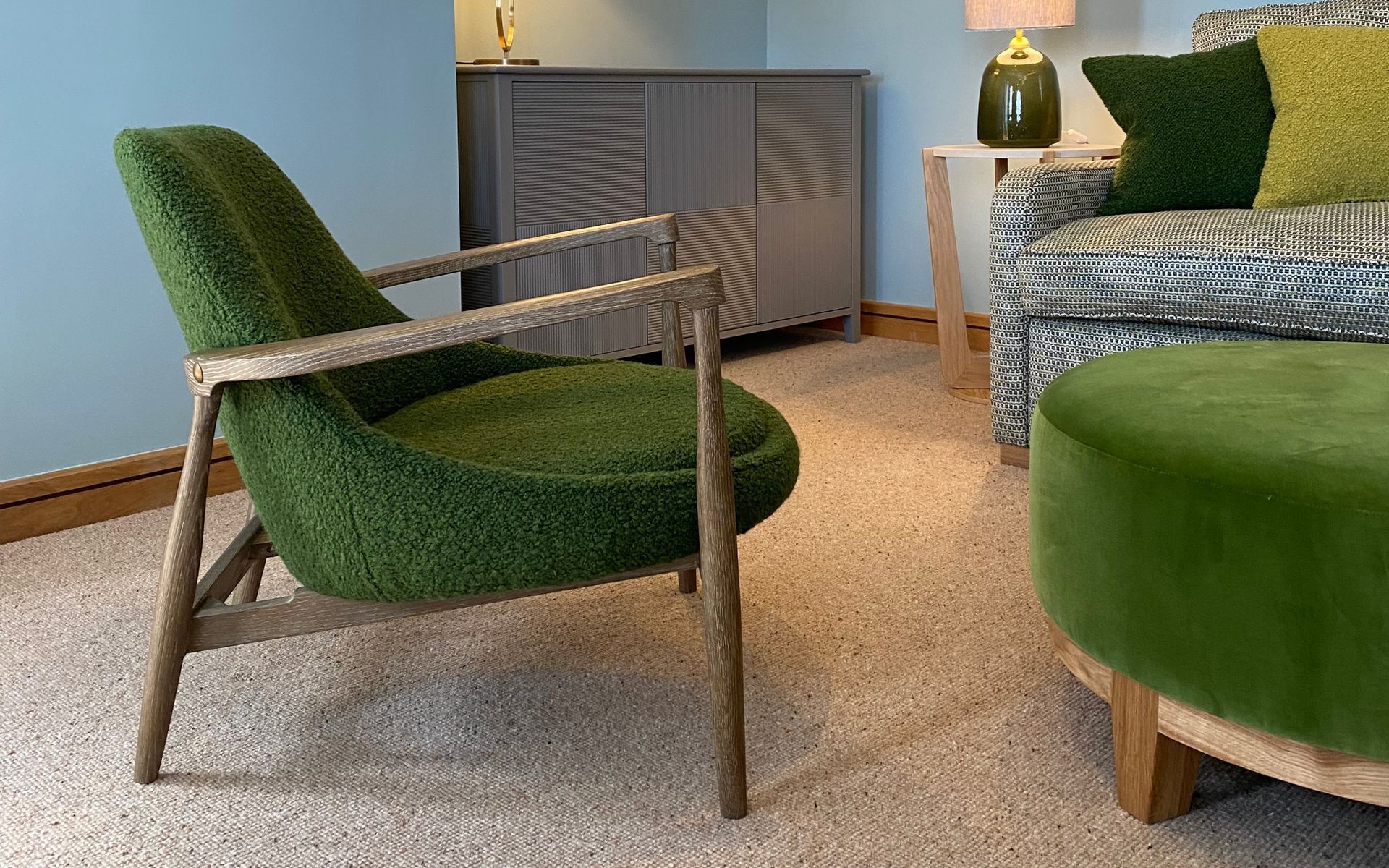 Interior design project with modern furniture on wool carpet