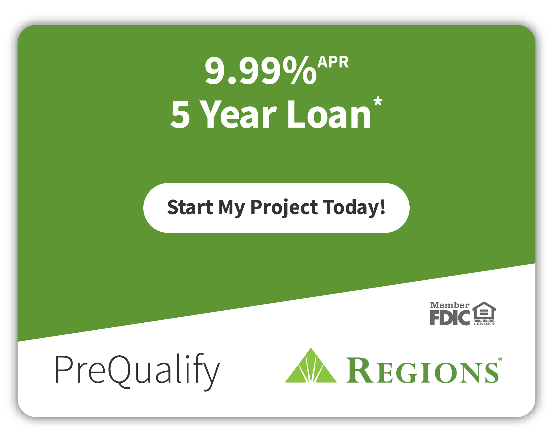 Green loan promotion card for Regions: 9.99% APR 5-year loan and “Start My Project Today!” button